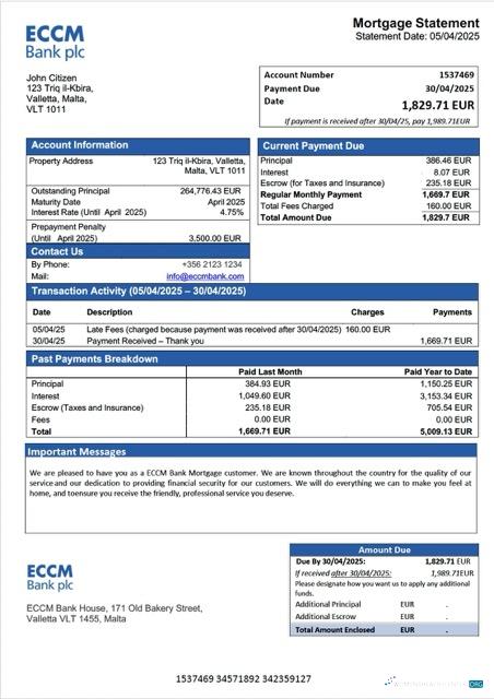 Download Malta ECCM Bank mortgage statement Word and PDF template Photoshop template
